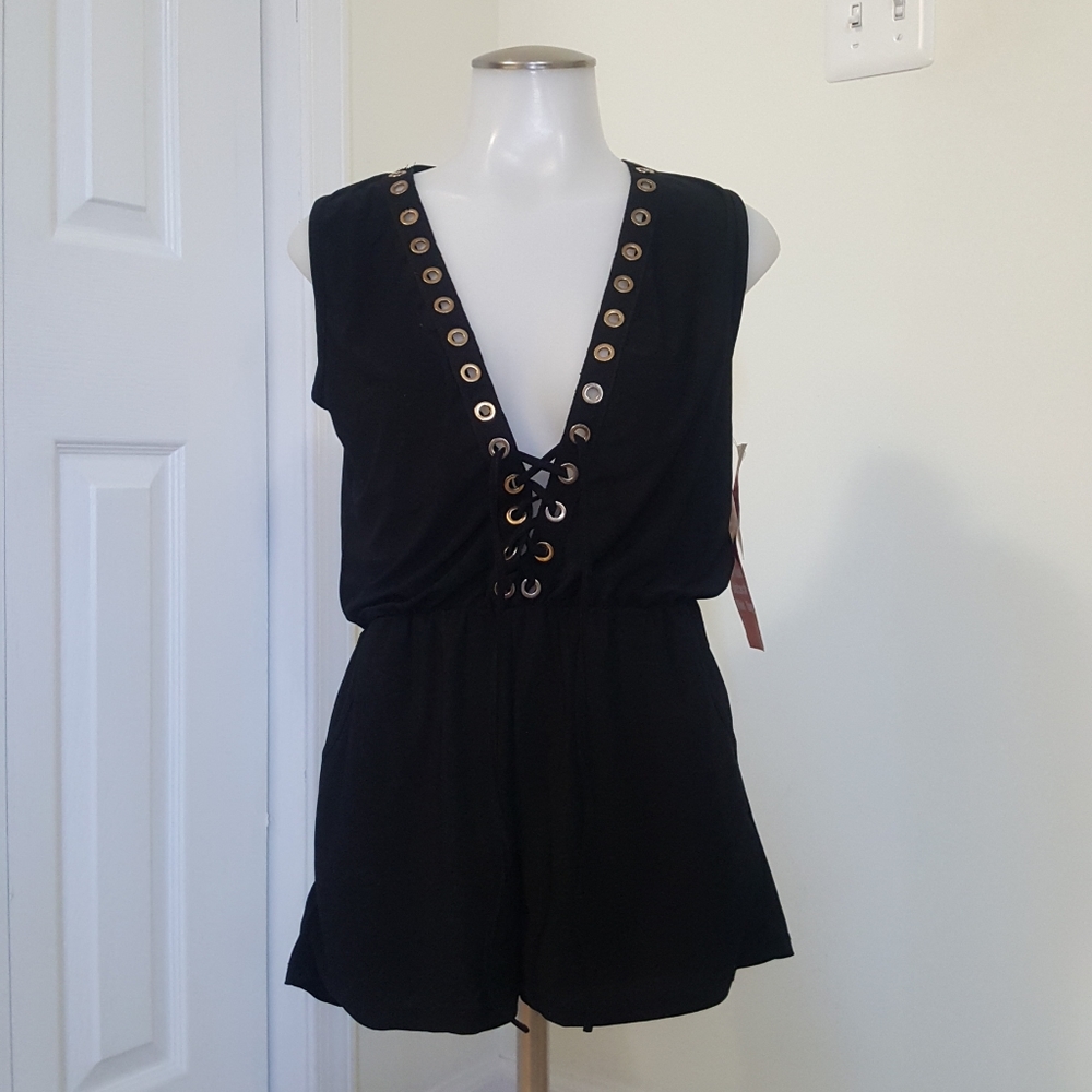 New Black lace up cover-up romper